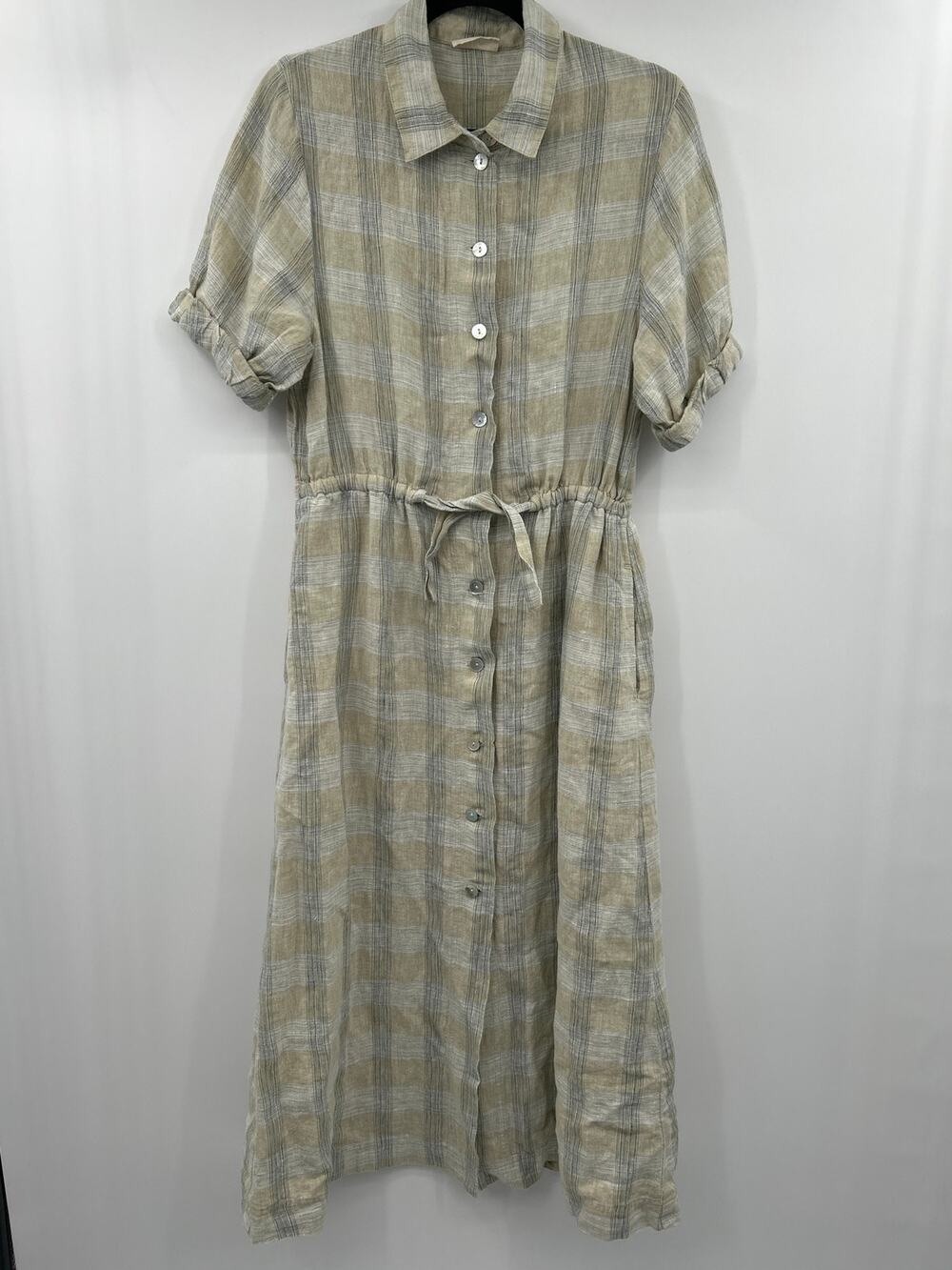 Poetry 100% Linen Plaid Shirt Dress Size 4 Midi Button Front Lagenlook Coastal